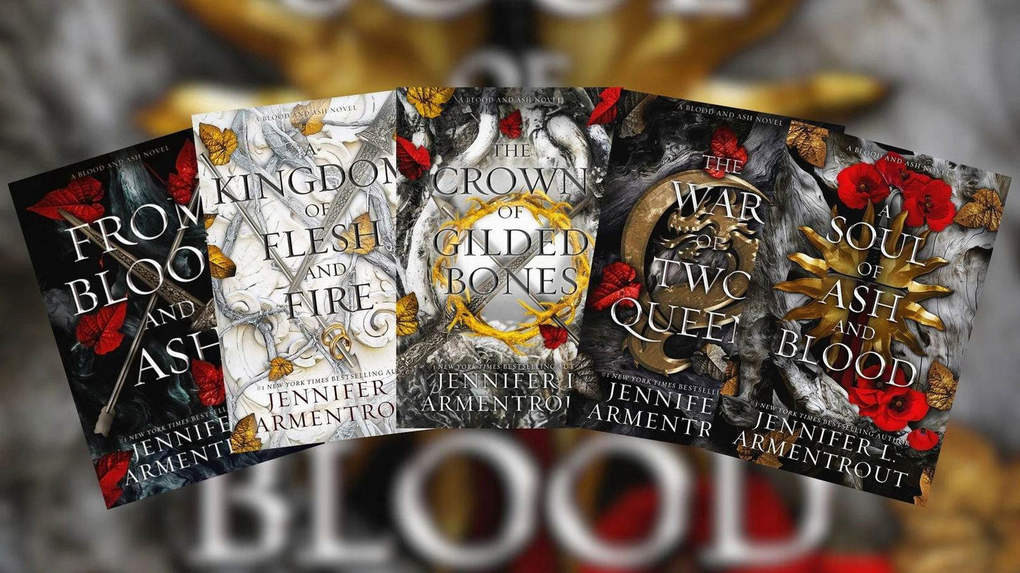 A Kingdom of Flesh and Fire + From Blood and ash + Crown of Gilded Bones + The War of Two Queens + A Soul of Ash and Blood (Combo) - BooksAdora
