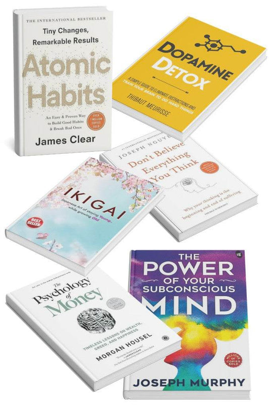The Power of Your Subconscious Mind + Don't Believe Everything You Think + Ikigai + Dopamine Detox + The Psychology of Money + Atomic Habits combo of Top Bestselling Books in India - BooksAdora